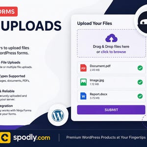K&ouml;nnte beinhalten: Eine digitale Grafik, die Ninja Forms File Uploads f&uuml;r WordPress bewirbt. Das Design zeigt ein Ninja-Symbol, eine Dateiupload-Oberfl&auml;che und Schl&uuml;sselfunktionen wie Mehrfach-Datei-Uploads und sichere Speicherung. Das Farbschema ist haupts&auml;chlich blau und wei&szlig;.