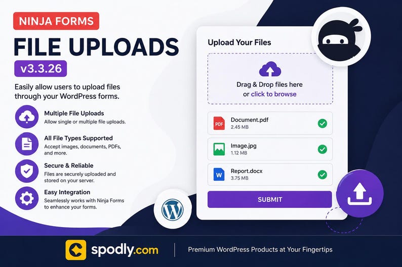 K&ouml;nnte beinhalten: Eine digitale Grafik, die Ninja Forms File Uploads f&uuml;r WordPress bewirbt. Das Design zeigt ein Ninja-Symbol, eine Dateiupload-Oberfl&auml;che und Schl&uuml;sselfunktionen wie Mehrfach-Datei-Uploads und sichere Speicherung. Das Farbschema ist haupts&auml;chlich blau und wei&szlig;.