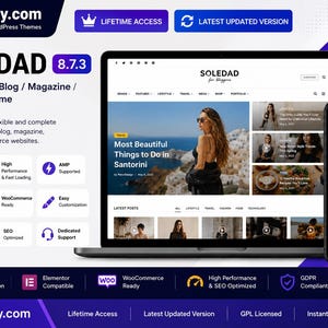 May include: An advertisement for the Soledad WordPress theme, displayed on a laptop and smartphone. The theme is designed for blogs, magazines, and news websites, with features like WooCommerce compatibility and SEO optimisation. The image includes the text "Most Beautiful Things to Do in Santorini."