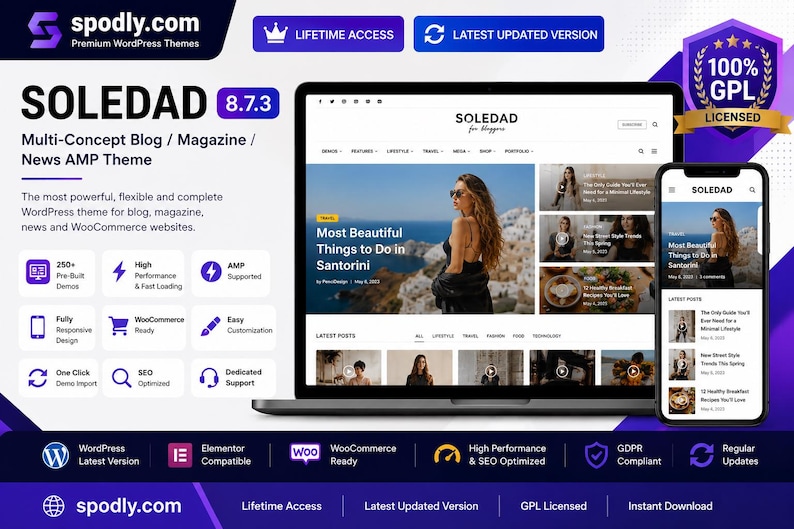 May include: An advertisement for the Soledad WordPress theme, displayed on a laptop and smartphone. The theme is designed for blogs, magazines, and news websites, with features like WooCommerce compatibility and SEO optimisation. The image includes the text "Most Beautiful Things to Do in Santorini."