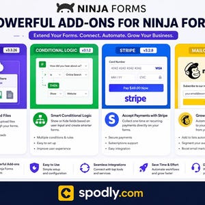 K&ouml;nnte beinhalten: Werbegrafik f&uuml;r Ninja Forms Add-ons. Das Bild zeigt vier Hauptbereiche: File Uploads, Conditional Logic, Stripe und Mailchimp. Jeder Bereich hat ein einzigartiges Farbschema und beschreibt die Funktionen jedes Add-ons. Das Ninja Forms-Logo befindet sich oben.