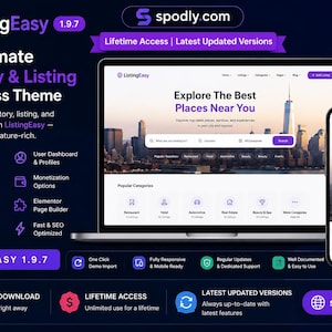 May include: Promotional image for ListingEasy, a WordPress theme for directories and listings. The image shows a laptop and smartphone displaying the theme's interface, with the text "Explore The Best Places Near You." Additional text highlights features and benefits.