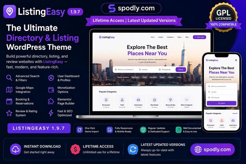 May include: Promotional image for ListingEasy, a WordPress theme for directories and listings. The image shows a laptop and smartphone displaying the theme's interface, with the text "Explore The Best Places Near You." Additional text highlights features and benefits.