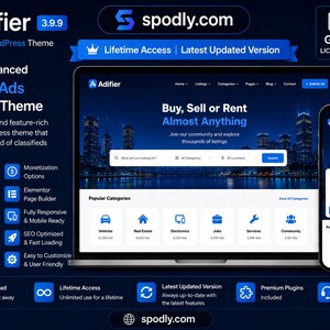 May include: A digital advertisement for the "Adifier" classified ads WordPress theme. The image showcases a laptop and smartphone displaying the theme's interface, with the tagline "Buy, Sell or Rent Almost Anything." The theme offers various features.
