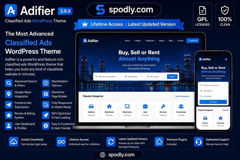 May include: A digital advertisement for the "Adifier" classified ads WordPress theme. The image showcases a laptop and smartphone displaying the theme's interface, with the tagline "Buy, Sell or Rent Almost Anything." The theme offers various features.