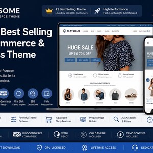 May include: A dark blue graphic promoting the Flatsome WooCommerce theme. The image shows a laptop and smartphone displaying a website with a sale banner. Text includes "The #1 Best Selling WooCommerce & Business Theme" and "Huge Sale Up to 70% Off."