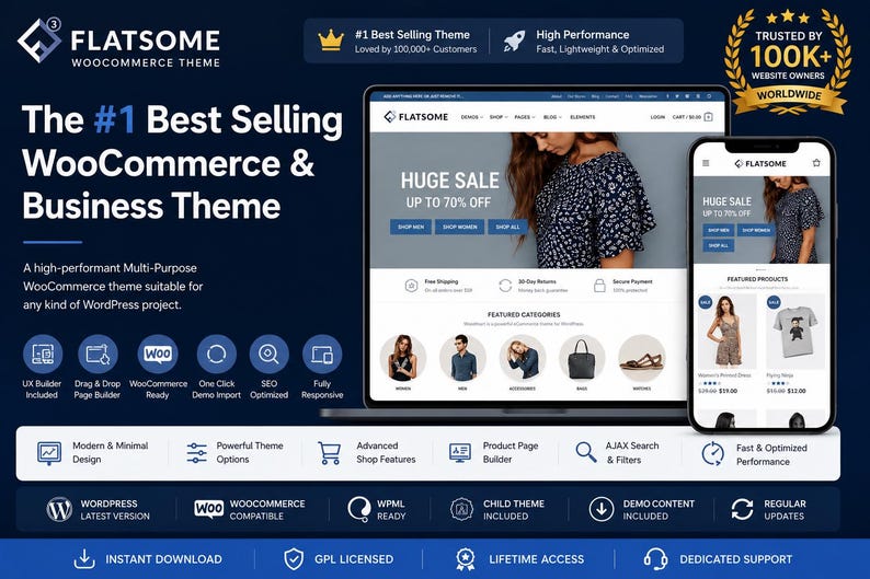 May include: A dark blue graphic promoting the Flatsome WooCommerce theme. The image shows a laptop and smartphone displaying a website with a sale banner. Text includes "The #1 Best Selling WooCommerce & Business Theme" and "Huge Sale Up to 70% Off."