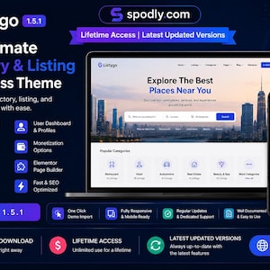 May include: An advertisement for the Listygo WordPress theme, displayed on a laptop and smartphone. The theme is for directory and listing websites, with features including advanced search, Google Maps integration, and user dashboards.