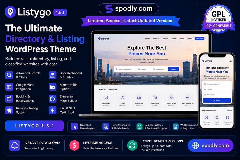 May include: An advertisement for the Listygo WordPress theme, displayed on a laptop and smartphone. The theme is for directory and listing websites, with features including advanced search, Google Maps integration, and user dashboards.