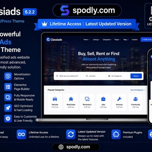 May include: A dark blue promotional image for a classified ads WordPress theme, "Classiads 6.2.2". The image shows a laptop and smartphone displaying the theme's interface. Text highlights features like advanced search, Elementor page builder, and lifetime access.