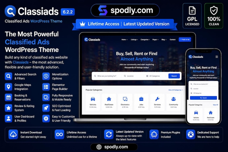 May include: A dark blue promotional image for a classified ads WordPress theme, "Classiads 6.2.2". The image shows a laptop and smartphone displaying the theme's interface. Text highlights features like advanced search, Elementor page builder, and lifetime access.