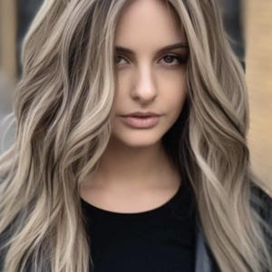 Könnte beinhalten: Porträt einer Frau mit langem, welligem Haar mit blonden und hellbraunen Strähnchen. Sie trägt ein schwarzes Oberteil und eine schwarze Lederjacke. Das Bild ist eine Nahaufnahme mit neutralem Hintergrund.