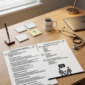 Könnte beinhalten: Ein Schreibtisch mit Laptop, Kaffeetasse und Stethoskop. Zwei Blätter mit der Aufschrift "Nursing Interview Cheat Sheet" sind zu sehen. Ein Stift in einem Halter und Haftnotizen befinden sich ebenfalls auf der Holzoberfläche.