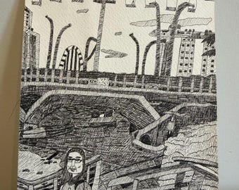 Original Pen Ink Drawing: Singapore Bridge Urban Sketch Travel Art
