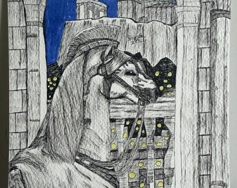 Original Drawing - Trojan Horse & Acropolis Night Scene, Surreal Greek Architecture Art, Hand Drawn Pen Ink Alcohol Marker, One of a Kind
