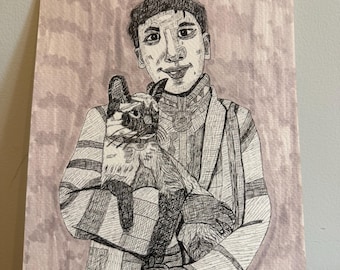 Original Man with Siamese Cat Drawing, Pen Ink Marker Portrait, Figurative Art