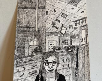 Original Pen Ink Drawing – Steakhouse Diner Scene, Urban Sketch Art (A5)
