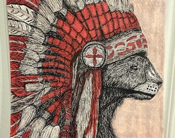 Original Bear Headdress Drawing - A5 Pen Ink Alcohol Marker Art, Tribal Animal Illustration, Gothic Weird Art, Surreal Wildlife Wall Art