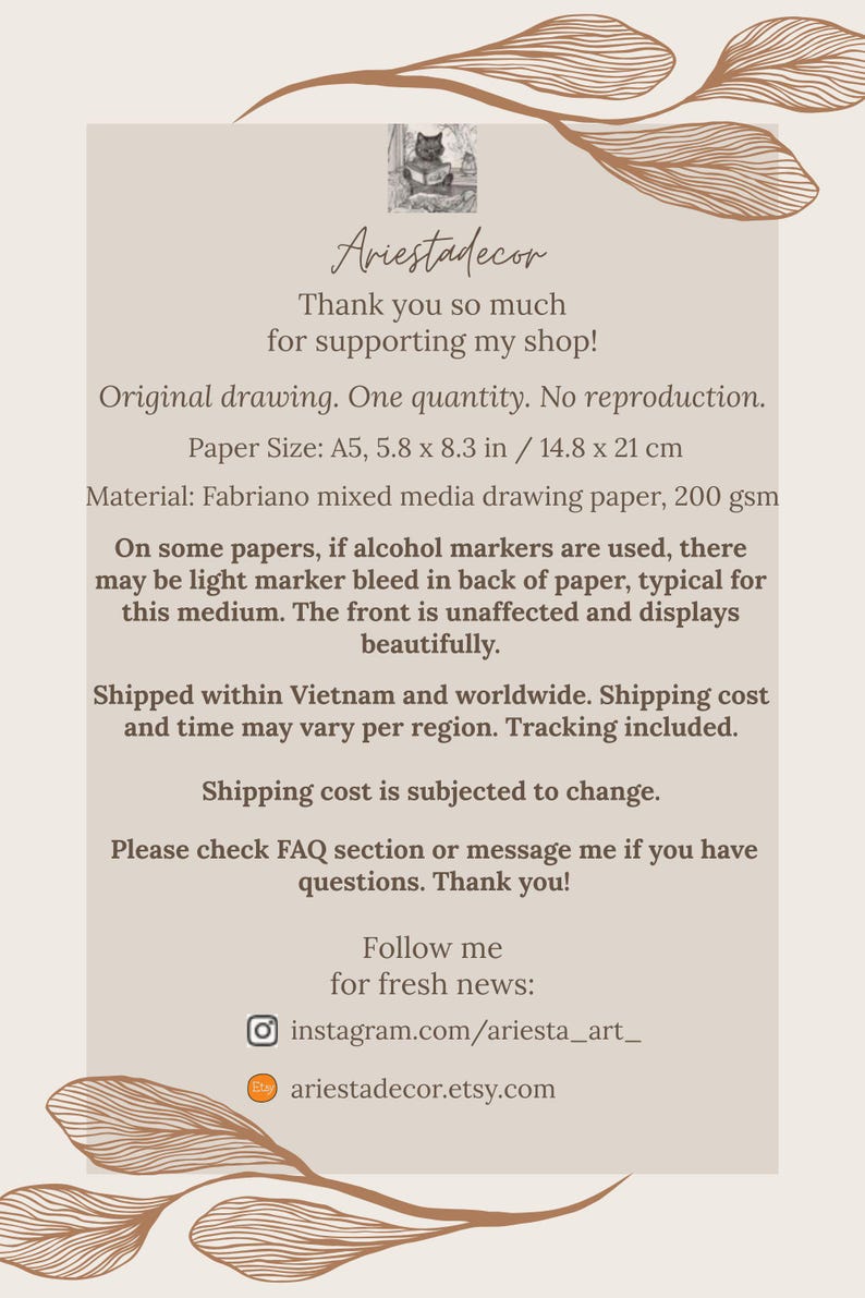 以下が含まれることがあります： 「Ariestadecor」と「ご支援ありがとうございます！」というテキストが書かれたクリーム色の紙。紙のサイズはA5、14.8 x 21 cm。素材はファブリアーノのミクストメディア画用紙、200 gsm。