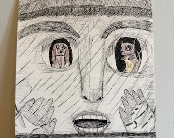 オリジナルペン画「動物救助」 – 悲しい犬たち、アウトサイダーアート、感情を揺さぶる壁飾り