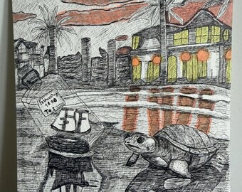Original Sea Turtle Drawing – Ship in Bottle, Sunset Coastal Wall Art (A5)