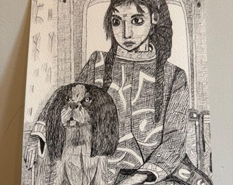 Original Pen Ink Drawing: Princess Cavalier King Charles Spaniel Portrait – Folk Gothic Art