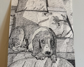 ソファに座るビーグル犬のオリジナルドローイング – ペンとインクで描かれたペットの肖像画、アウトサイダーアート（A5サイズ）