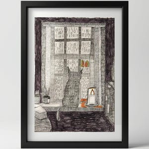 Regalo para programadores / Gato con código binario / Dibujo a pluma y tinta con ambiente melancólico / Decoración para oficinas tecnológicas / Descarga digital