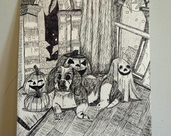 Original Halloween Friends Drawing, Pen Ink Marker Art, Dog Ghost Pumpkin Illustration