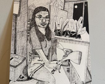 Original Pen Ink Drawing: Hotel Lobby Girl Scooter Malaysia – Travel Urban Sketch Illustration