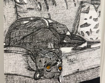 オリジナル・ブラックパンサー・インク画 – ファブリアーノ紙（A5サイズ）に描かれたゴシック調の猫アート