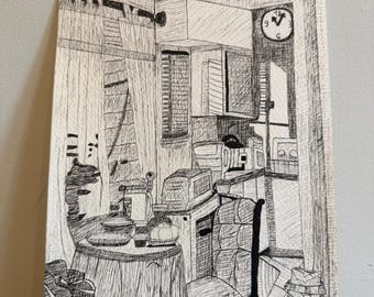 Original Pen and Ink Drawing, Grandma's Kitchen Nostalgic Art, Cozy Illustration A5