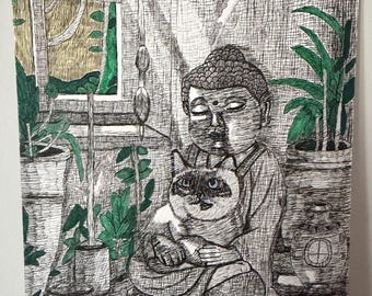 Original Siamese Cat Buddha Drawing, Zen Spiritual Cat Art, Pen Ink Marker Illustration