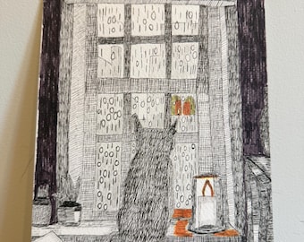 Original Cat at Window Drawing – Pen Ink Marker Illustration, Cozy Art