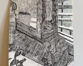 オリジナルペン画「光の中の猫」 – 雰囲気のある動物肖像画、アウトサイダーアート、A5サイズ