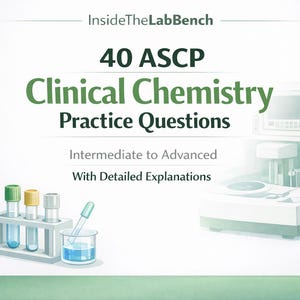 以下が含まれることがあります： 臨床化学の学習ガイドのイラスト。白い実験室の機械、色の付いたキャップが付いた試験管、青い液体が入ったビーカー、そして「40 ASCP Clinical Chemistry Practice Questions」というテキストが特徴です。