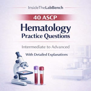以下が含まれることがあります： 血液学の学習ガイドのイラスト。顕微鏡、赤い液体が入った試験管2本、そして「40 ASCP Hematology Practice Questions」と「Intermediate to Advanced」というテキストが特徴です。