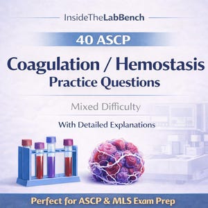 以下が含まれることがあります： 青い試験管立てに、赤と紫の液体が入った4本の試験管が写っています。赤と紫の色合いの、様式化された球状の物体もあります。「40 ASCP Coagulation / Hemostasis Practice Questions」というテキストが含まれています。