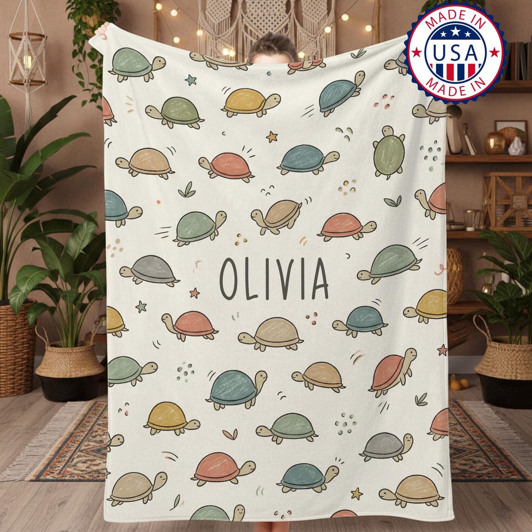 Personalized Turtle Name Blanket, Custom Ocean Animal Nursery Decor ...