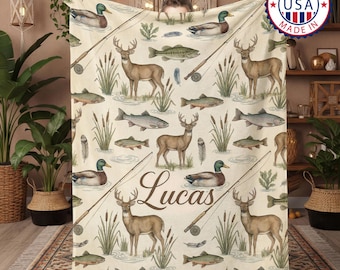 Manta de caza personalizada, manta de ciervo, pato, pesca con nombre personalizado, manta de cazador, regalo para amantes de la pesca al aire libre, decoración de cabaña en el bosque