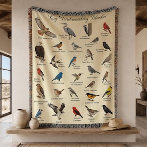 Puede incluir: Una manta tejida de color crema con el texto 'Kay' Bird watching Blanket' en la parte superior, rodeada de ilustraciones de varias especies de aves, incluyendo un busardo colirrojo, un águila calva, una urraca azul y un cardenal con etiquetas.