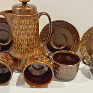 Vintage Wedgwood Pennine Kaffee Set Kaffeekanne 5 Teetassen 3 Untertassen Steinzeug England EUC Retro Küche Dekor