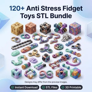 Puede incluir: Una colección de más de 120 juguetes antiestrés de diversas formas, incluyendo cubos, spinners, cadenas y figuras geométricas con acabados metálicos, iridiscentes y pastel. El texto dice: 120+ Anti Stress Fidget Toys STL Bundle.