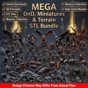 May include: A digital collection of 3D printable STL files featuring fantasy miniatures and terrain for tabletop gaming. The image displays various creatures, including dragons, spiders, and humanoids, alongside stone bridges and landscape elements.