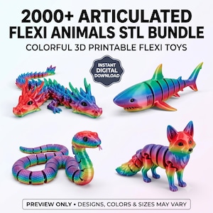 Pode incluir: Um pacote digital de mais de 2000 animais articulados flexíveis para impressão 3D, com um dragão, tubarão, cobra e raposa em cores de arco-íris. O texto diz 2000+ ARTICULATED FLEXI ANIMALS STL BUNDLE, COLORFUL 3D PRINTABLE FLEXI TOYS, INSTANT DIGITAL DOWNLOAD.