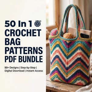 Puede incluir: Un bolso tote de ganchillo con estampado de chevron colorido, con asas turquesas, lleno de hilo, un cuaderno y un teléfono. La imagen incluye texto: "50 In 1 CROCHET BAG PATTERNS PDF BUNDLE" y "50+ Designs | Step-by-Step | Digital Download | Instant Access."