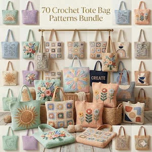 Puede incluir: Una colección de bolsos tote de ganchillo en varios colores y diseños, incluyendo patrones florales, geométricos y de sol. Las bolsas se exhiben en un estante y en cestas, con el texto "70 Crochet Tote Bag Patterns Bundle" en la parte superior.