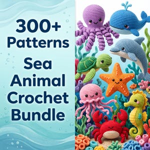 Può includere: Un pacchetto all'uncinetto con vari animali marini, tra cui un polpo, una balena, un delfino, una tartaruga, una stella marina, una medusa, un granchio e un cavalluccio marino. L'immagine include il testo "300+ Patterns Sea Animal Crochet Bundle."