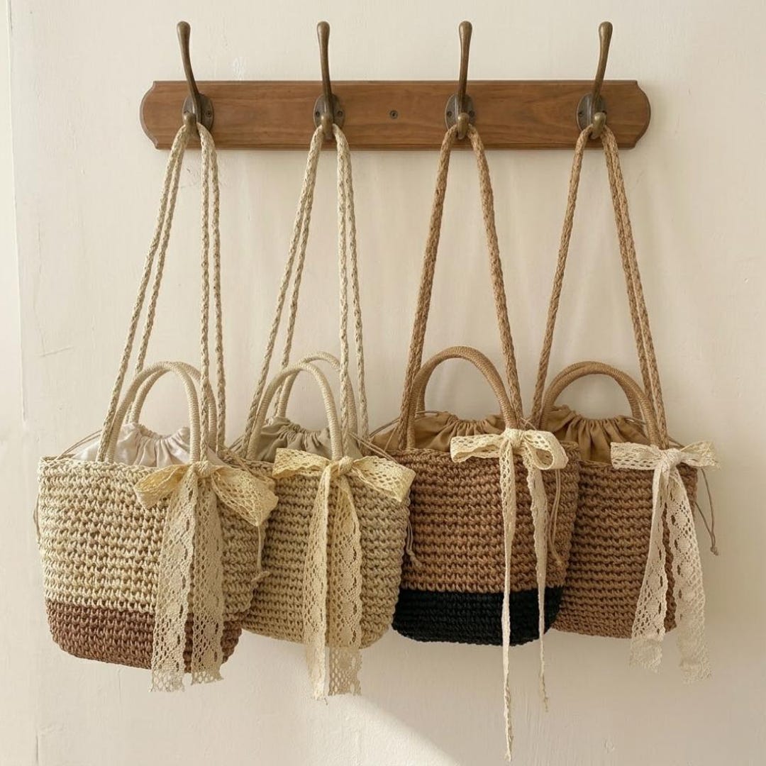 Handmade Straw Tote Bag With Lace Bow, Boho Woven Shoulder Bag, Summer ...
