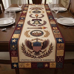 Puede incluir: Un camino de mesa rectangular con un centro color crema y un borde burdeos. El camino de mesa presenta imágenes patrióticas, incluyendo un águila, la Campana de la Libertad, y el texto "UNITED STATES OF AMERICA" y "1776-2026". Estrellas doradas y cuadrados decorativos adornan el borde.